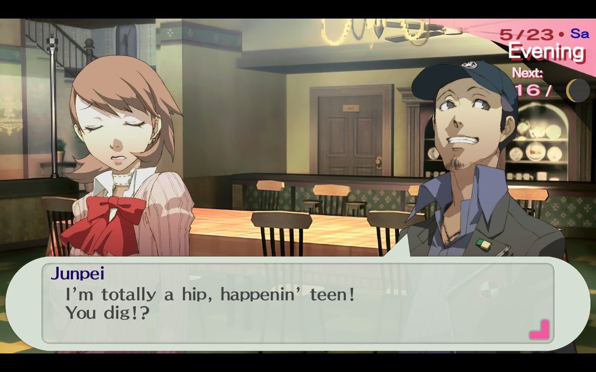 Junpei and Yukari stand in the dorm common area. Junpei says “I’m  totally a hip, happenin’ teen, ya dig!?”