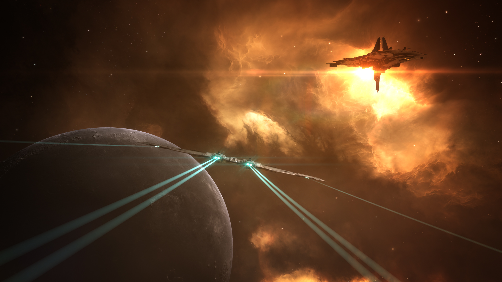 best free games: A spaceship flying through a nebula towards a planet in Eve Online