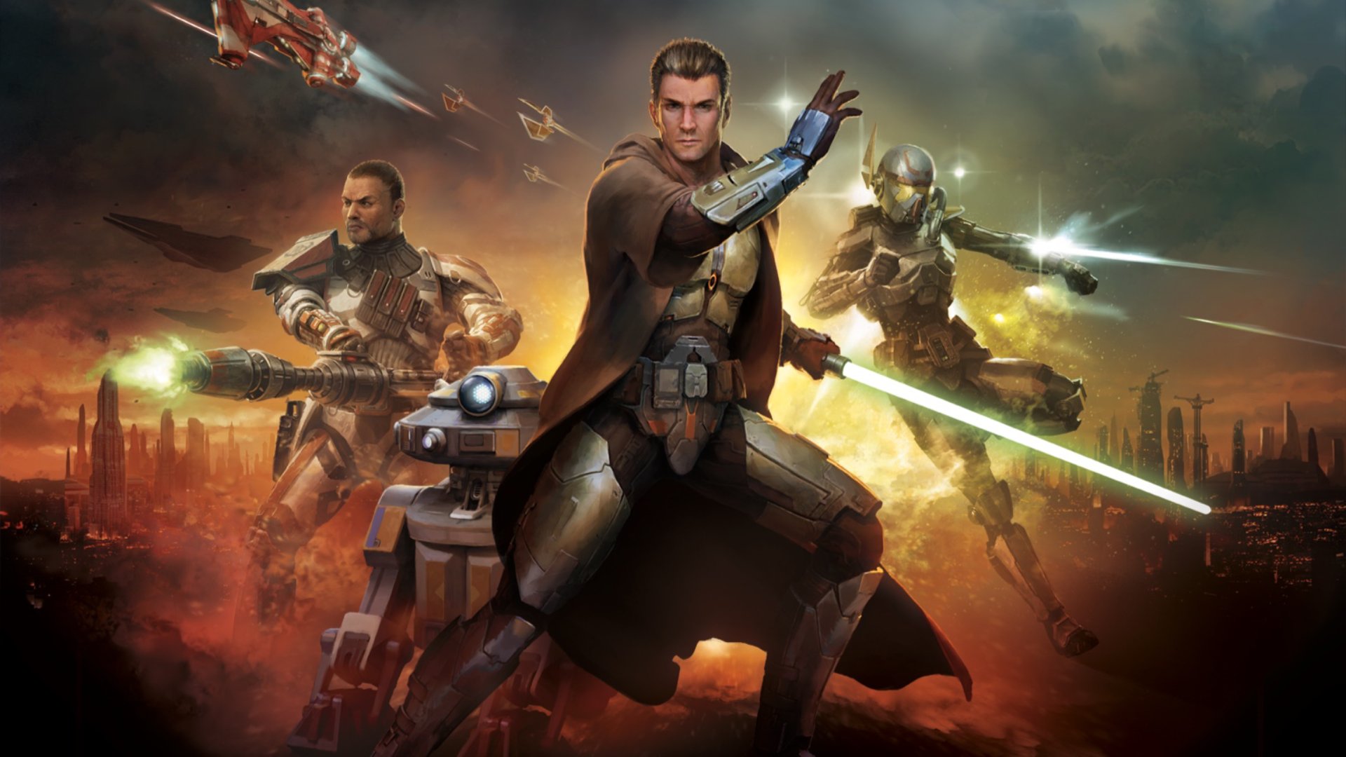 best free games: three star Wars characters and a droid battling off-screen enemies