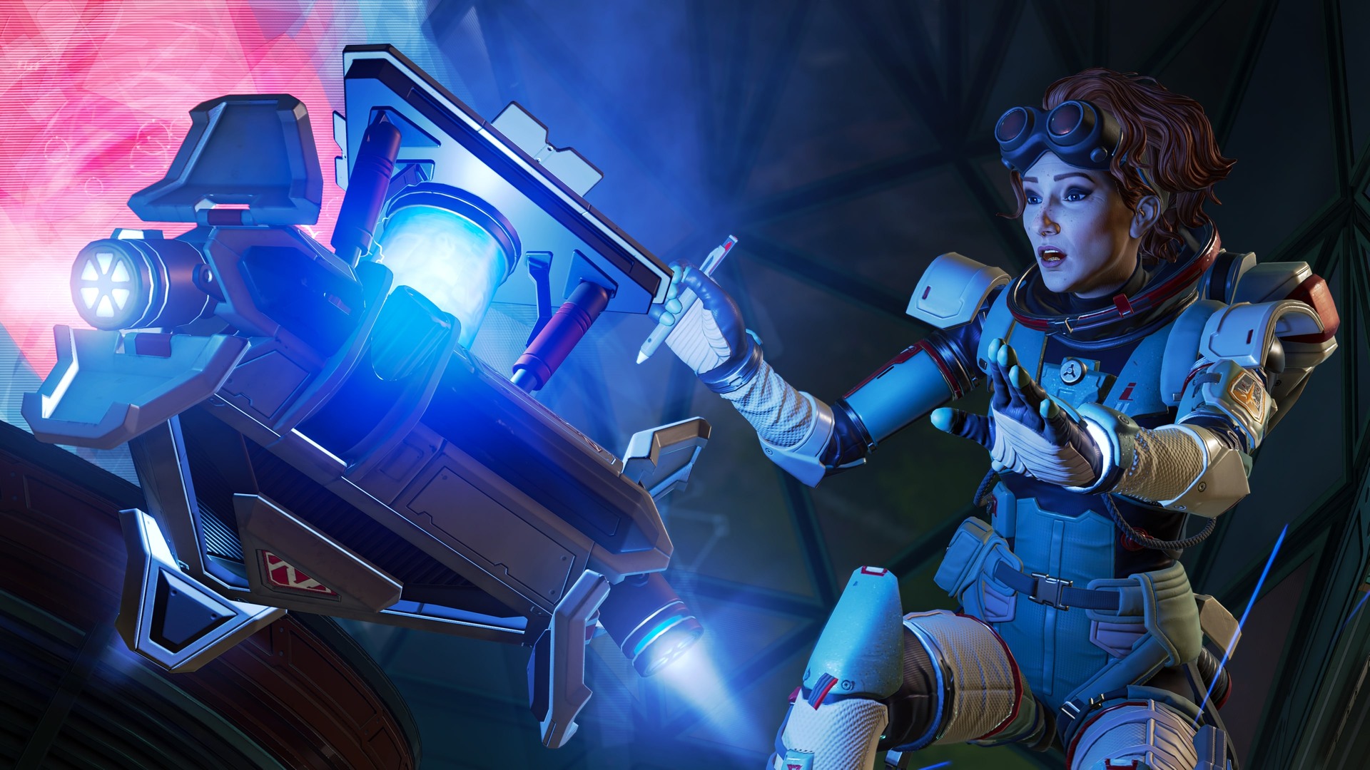 best free games: Horizon from Apex Legends slowly approaching a machine that glows with blue light