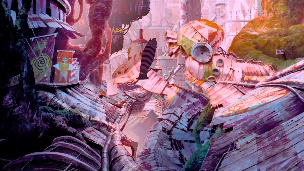 An animated wide shot of a dilapidated futuristic city made of discarded sheet metal painted with colorful graffiti from the 1997 anime short Noiseman Sound Insect.