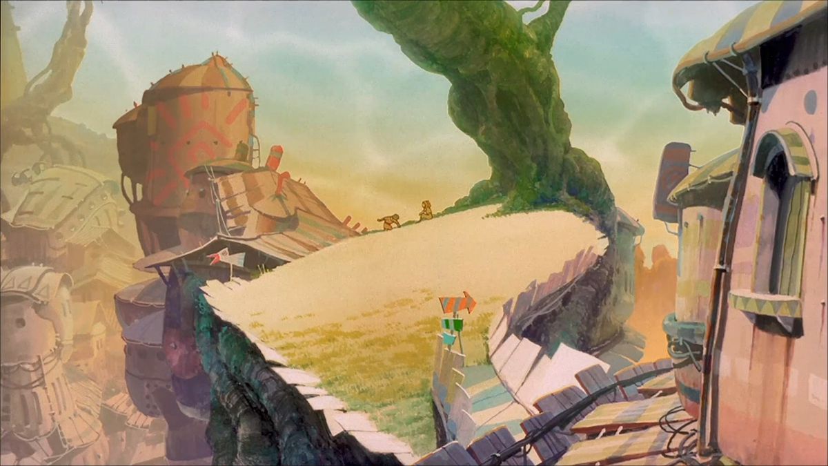 An animated wide-shot of a grassy hill perched atop a teetering spire of sheet metal and wrought iron girders from the 1997 anime short Noiseman Sound Insect.