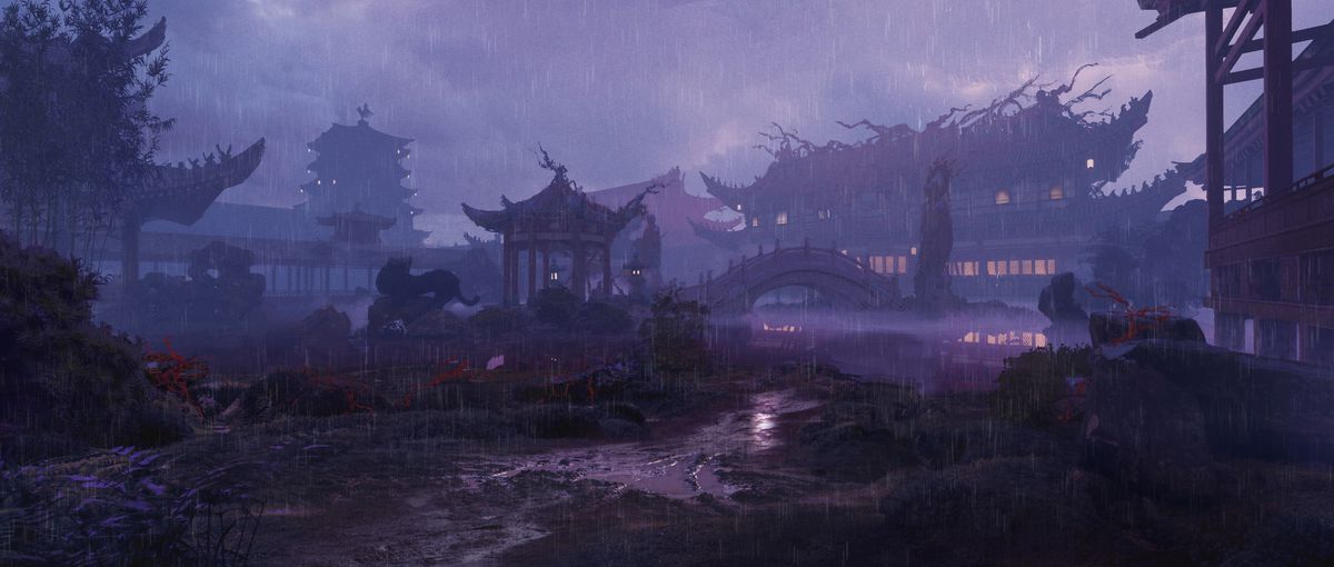 a rainswept courtyard in Wo Long: Fallen Dynasty