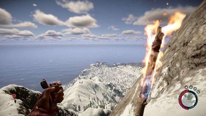 Sons of the Forest - holding a flaming torch while looking down on the landscape and sea from a mountaintop