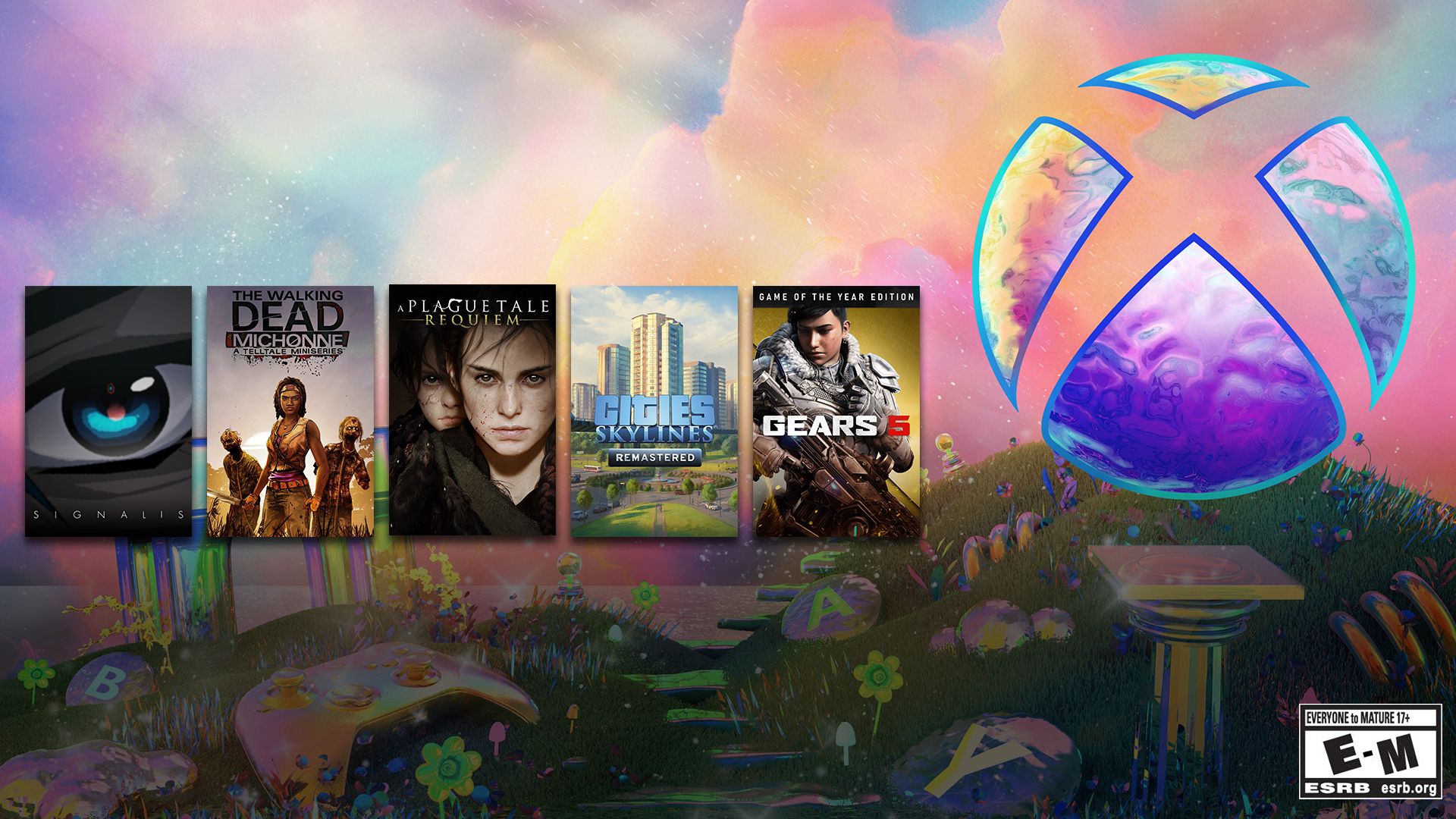 A compilation image featuring game box art for Signalis, The Walking Dead: Michonne, A Plague Tale: Requiem, Cities: Skylines Remastered, and Gears 5 on a magical, pastel landscape with rolling hills, the sea, and the sun reflecting off purple and pink clouds with an Xbox sphere reflecting the color of the sky.