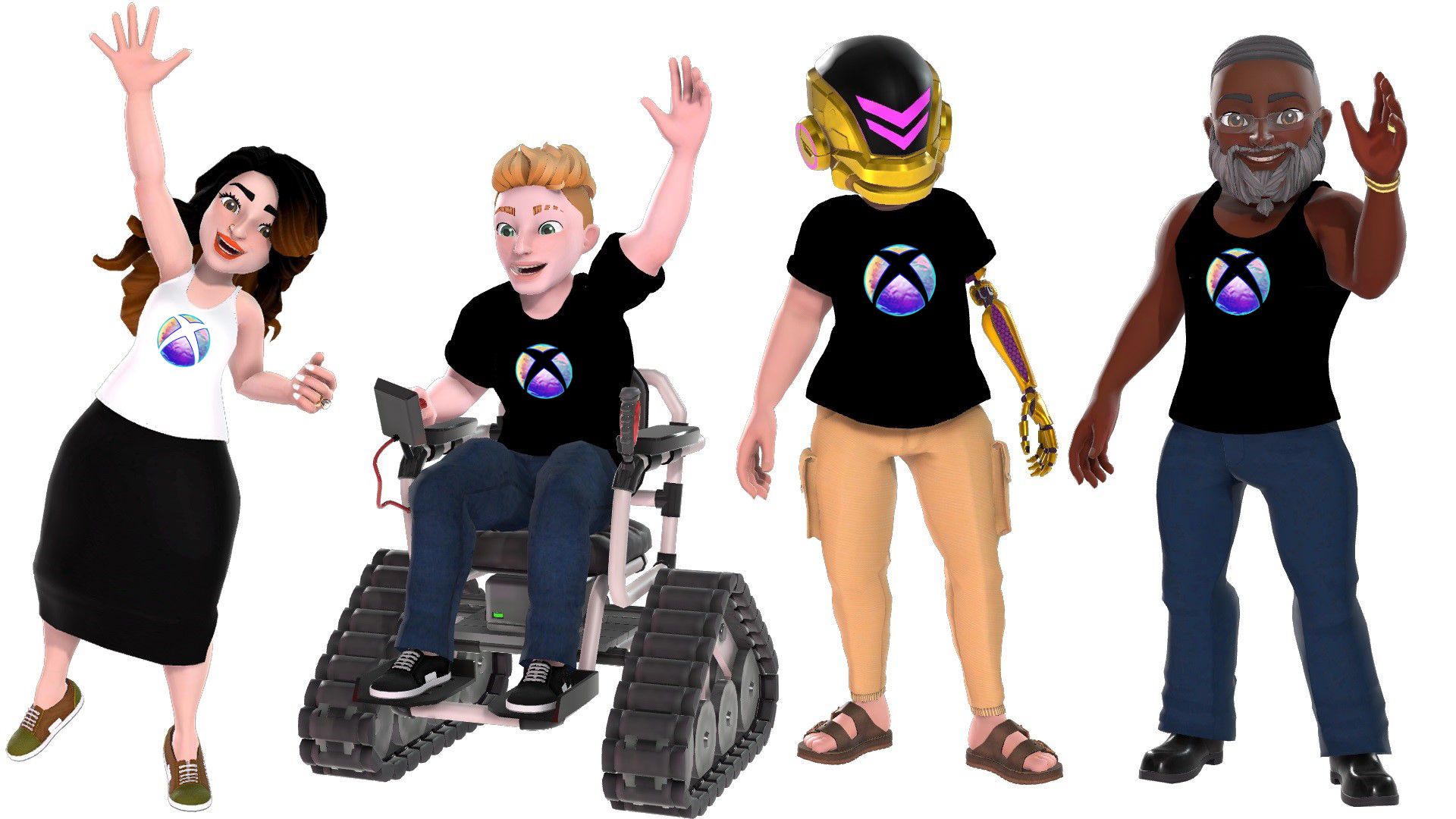 Four avatar characters displaying the Xbox International Women’s Day logo redesign on their tops which features the Xbox sphere with purple, pink, yellow, and green and a dreamy, water-like texture.