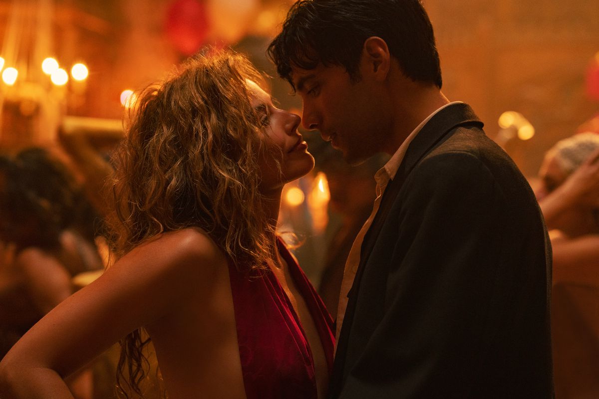 Nellie and Manny dance close enough to kiss in the opening party from the film Babylon