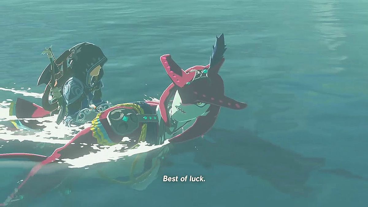 A screenshot of Link riding fish-man Sidon and Sidon telling him “best of luck”.