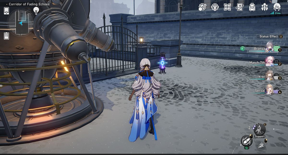 Bronya stands in front of some mechanical devices, including a glass canister of some purple glowing stuff in Honkai: Star Rail