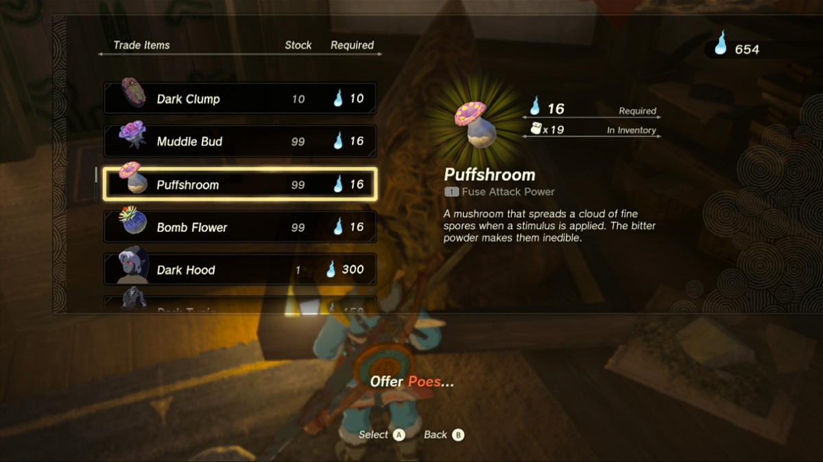 A screenshot of a TotK Puffshroom Offered By Bargainer Statue