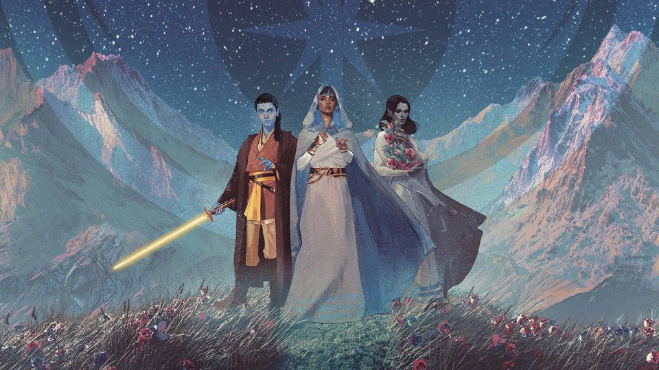 Art from the Star Wars YA novel The High Republic: Path of Deceit, depicting a young Jedi with blue skin and a gold lightsaber standing beside a woman clutching flowers to her chest, and both of them behind a robed woman with her hands outstretched.