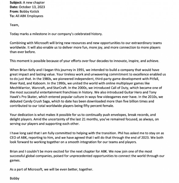 Email from Bobby Kotick to Activision Blizzard Employees