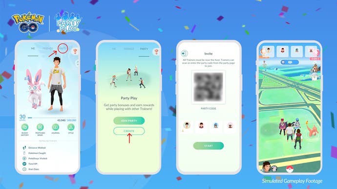 Screenshot of Pokémon Go Party Play menu and QR code for inviting nearby friends