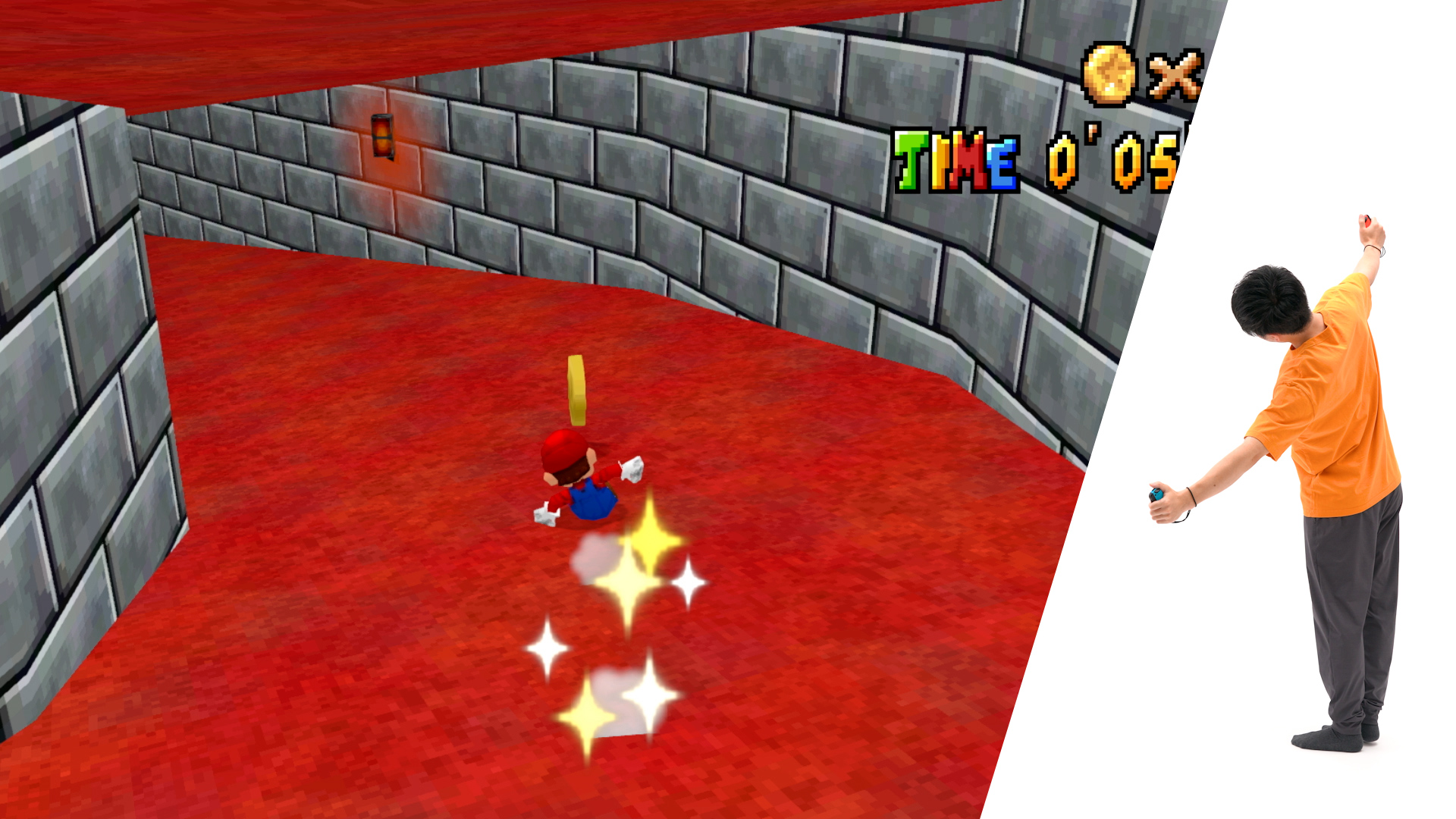 Mario slides down a tunnel in a recreation of the Super Mario 64 level in WarioWare: Move It! Inset is a photo of a player leaning to the left, arms outstretched to mimic Mario’s pose.