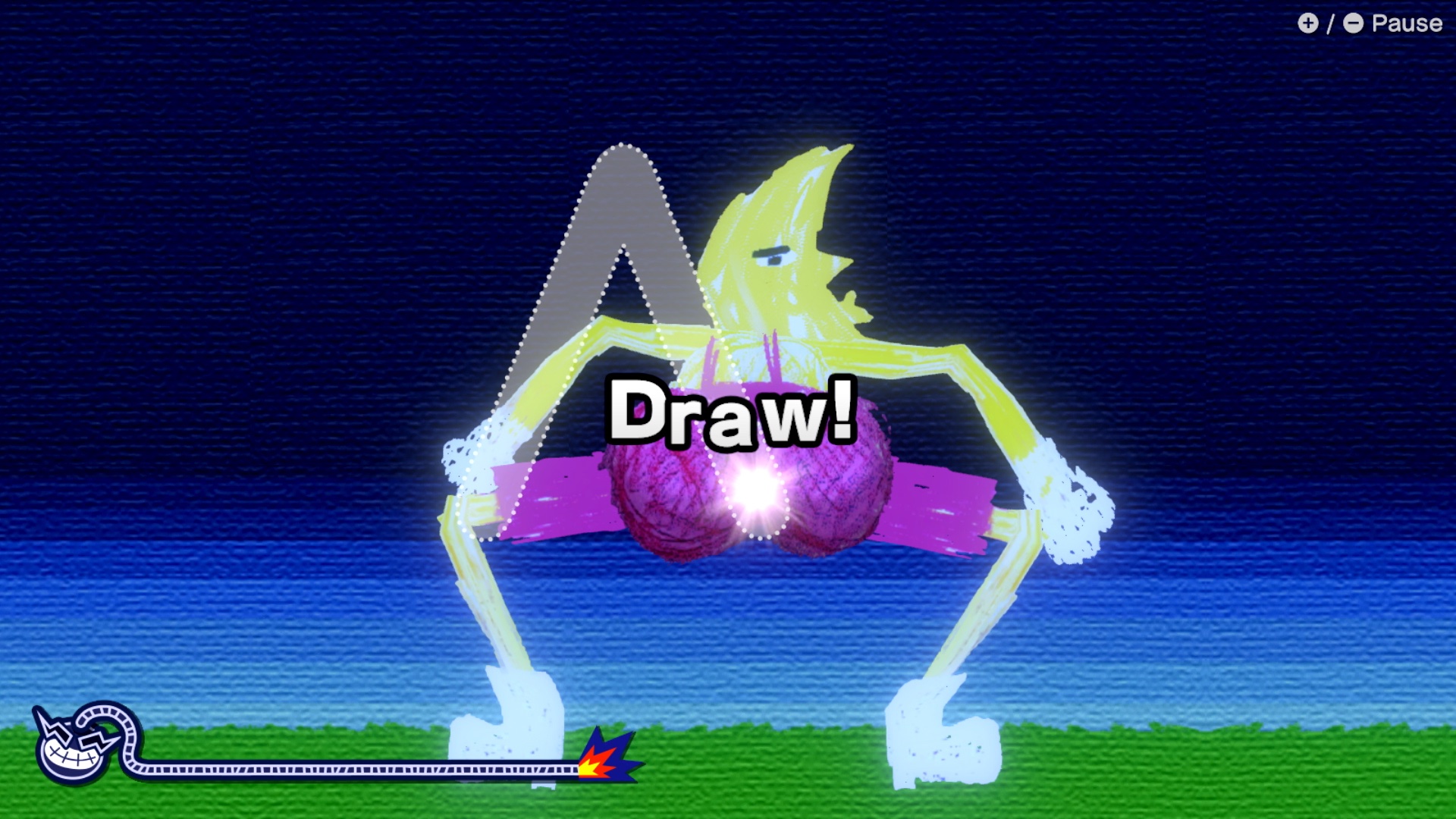 A screenshot of the Buttograph microgame from WarioWare: Move It! featuring a character with a quarter-moon for a face bent over and drawing a three-line shape with its butt