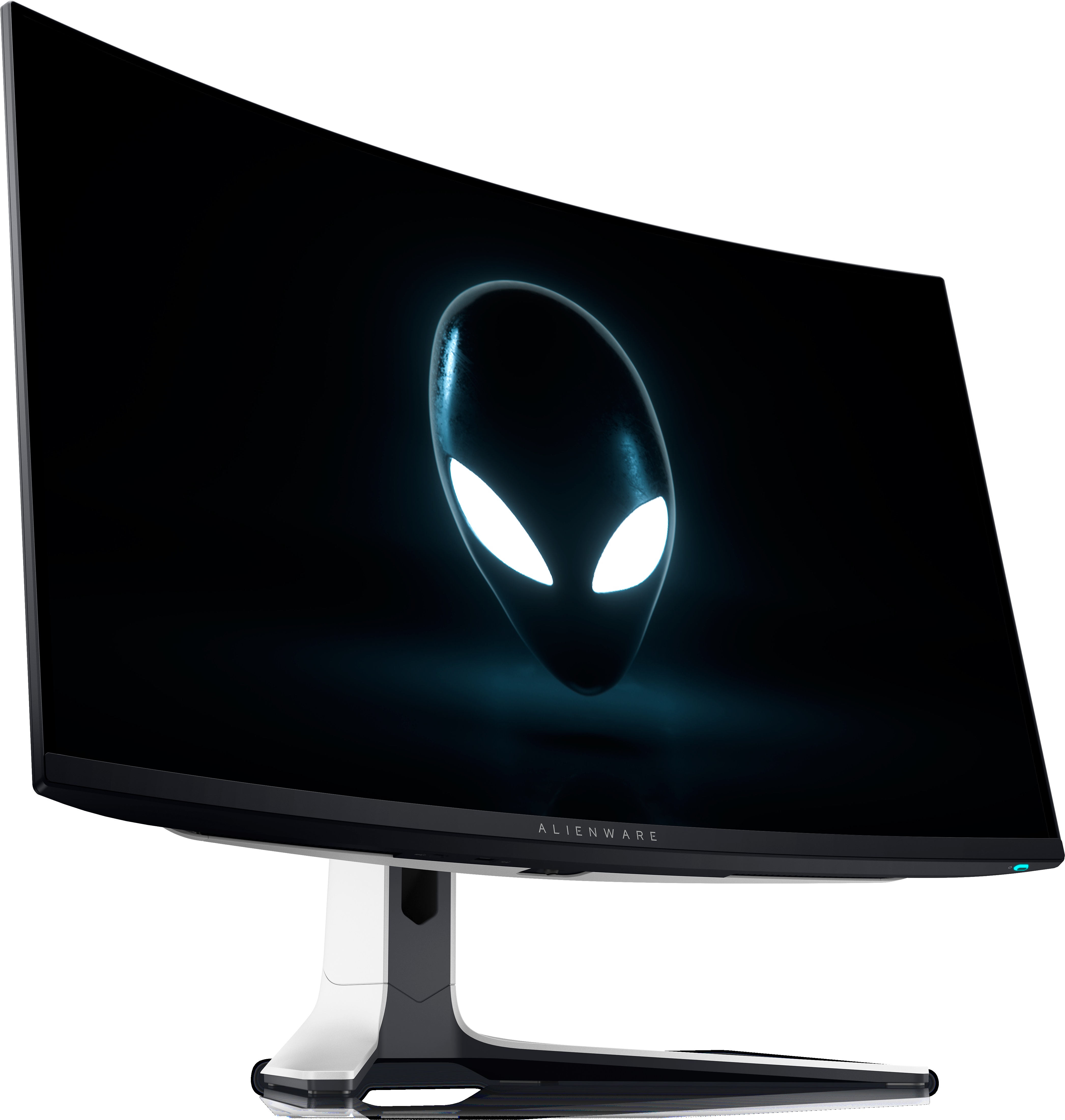 An image of the Alienware AW3225QF QD-OLED gaming monitor showing the Alienware logo on its display. The monitor is being viewed from a front diagonal angle.