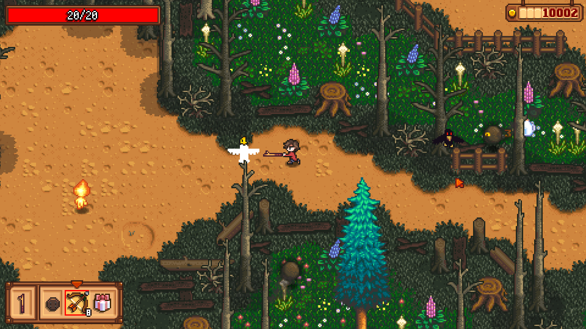 An image of character swinging a stick in the woods rendered in pixel art from Haunted Chocolatier.