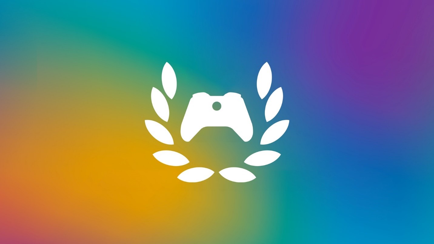 White Xbox controller icon surrounded by white laurels over a blurred rainbow background.