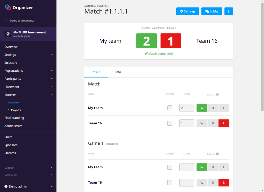 Toornament match dashboard to enter results