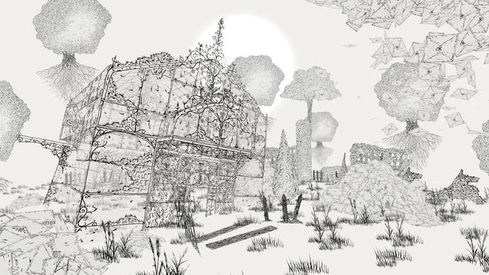 The Collage Atlas screenshot, shows a greenhouse surrounded by floating trees drawn using pen and ink.