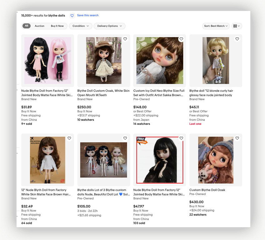 A buying page for Blythe dolls on eBay
