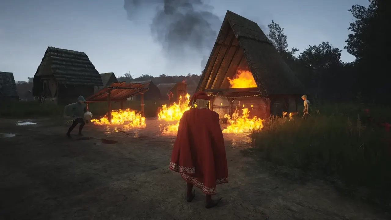villagers putting out fire in Manor Lords