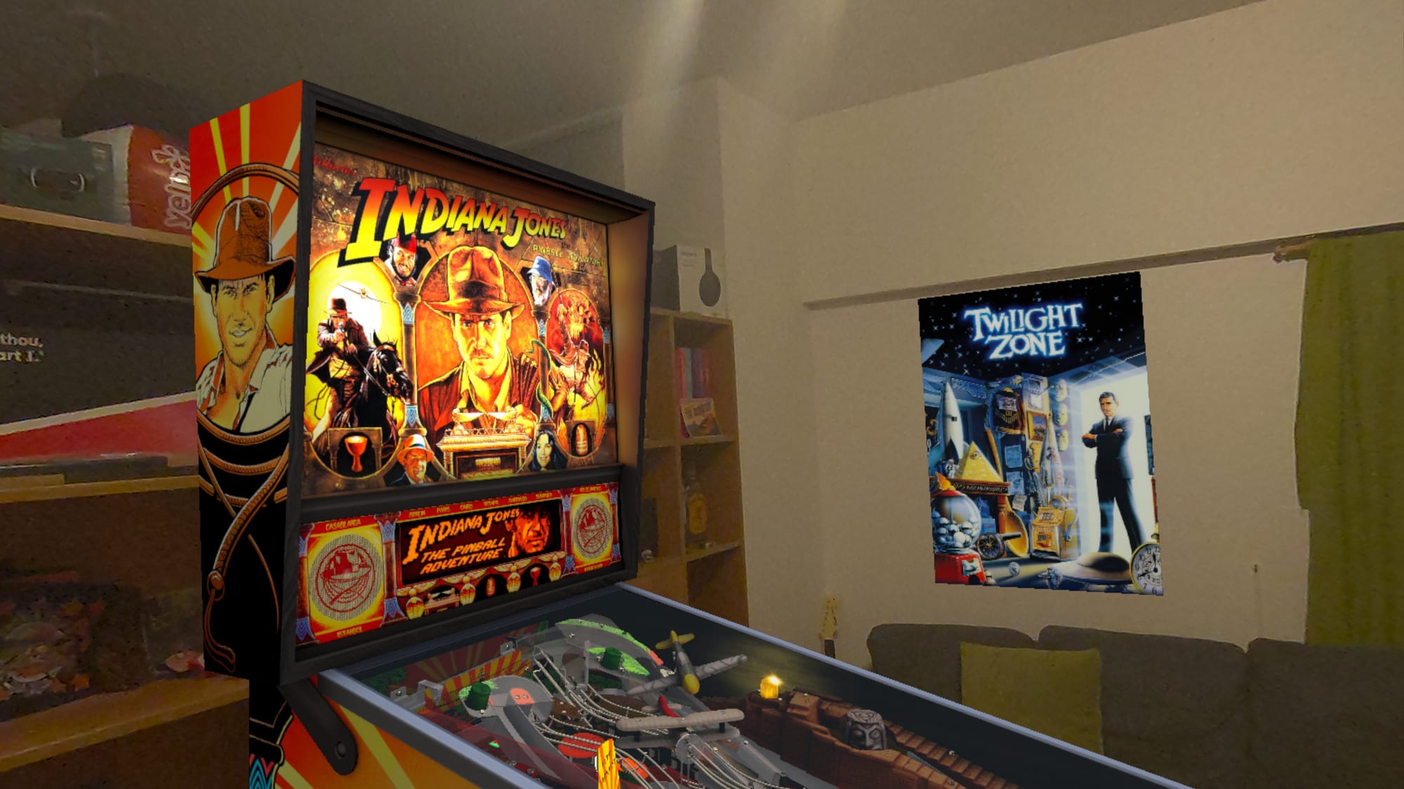The Indiana Jones table in mixed reality, alongside a digital Twilight Zone poster