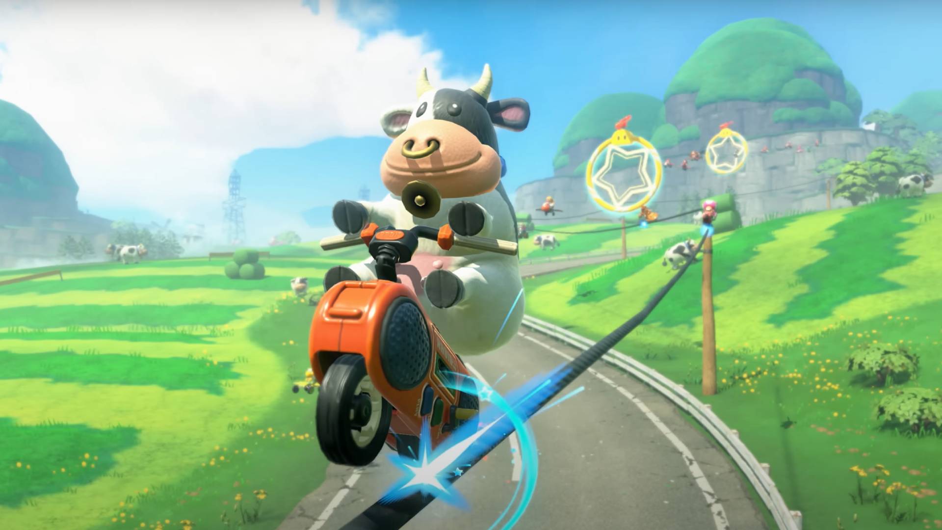 Screenshot from Mario Kart World's reveal trailer showing a Moo Moo Meadows cow on a bike.