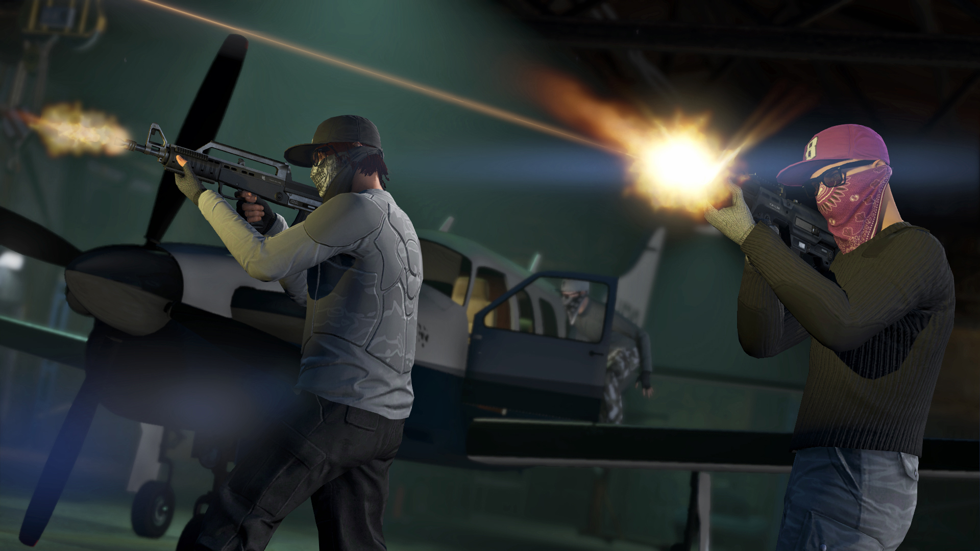Two gunmen shooting during the game GTA 5.