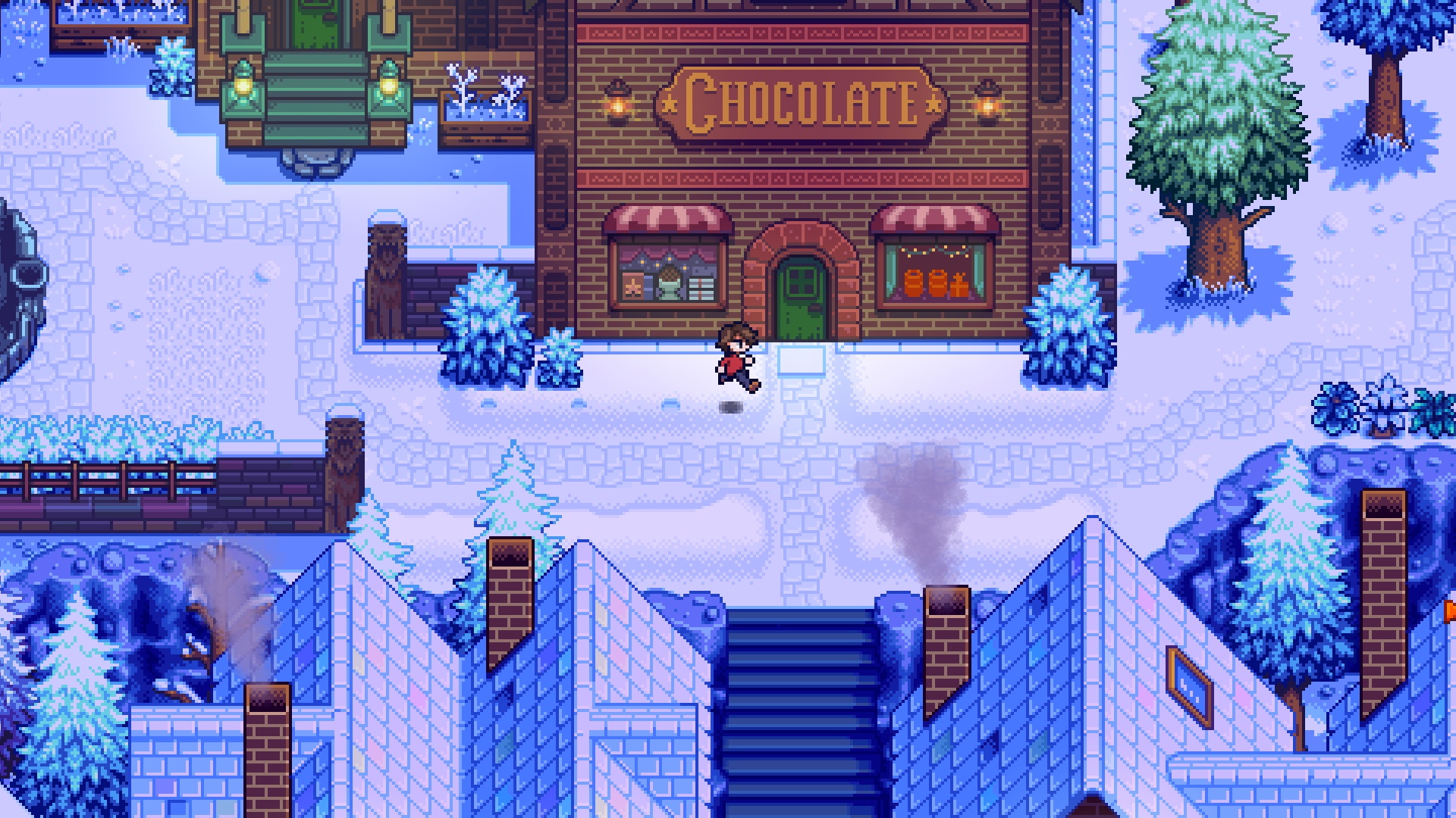 Haunted Chocolatier: a player running through the snow in a pixel town.