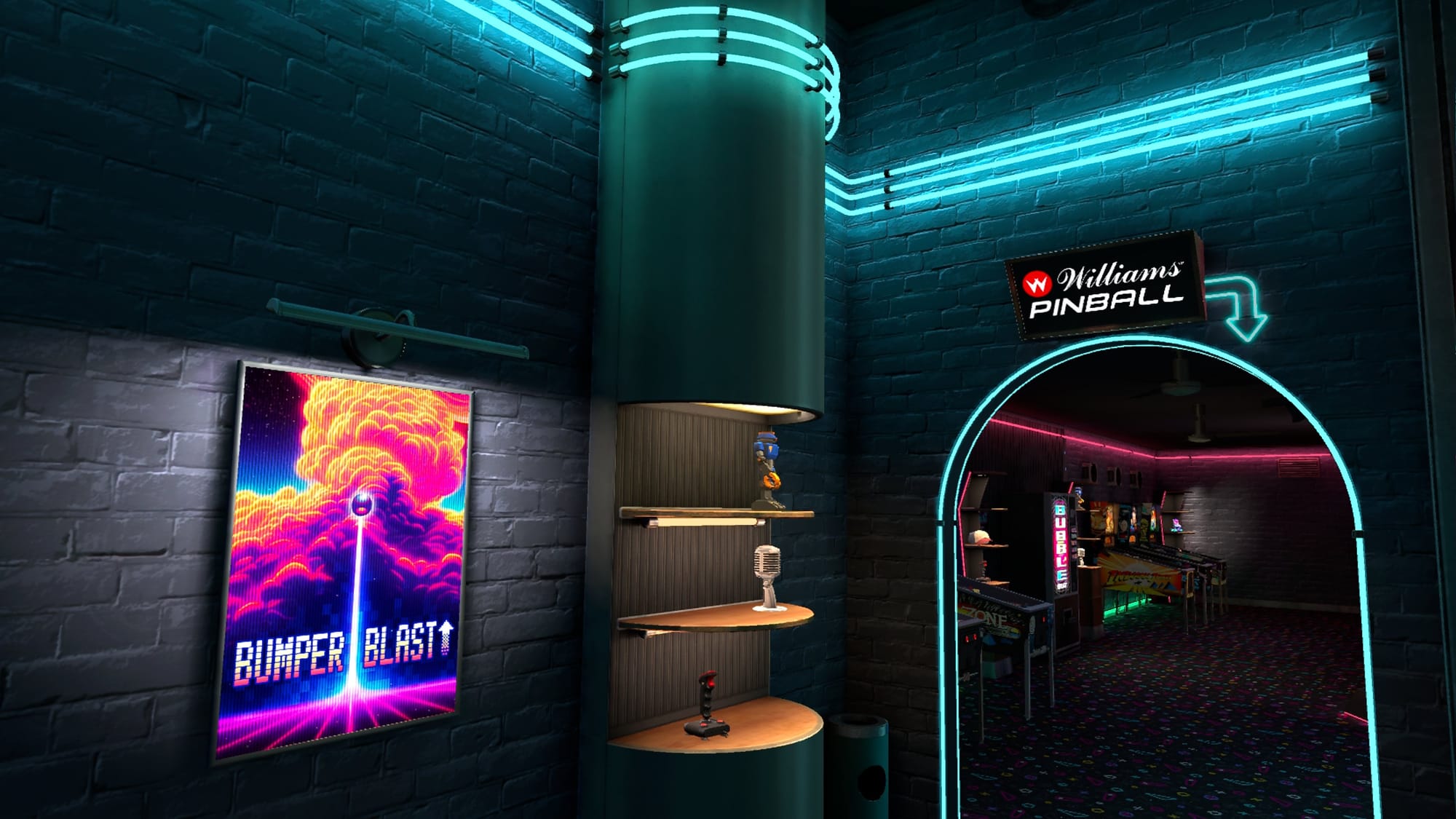 The arcade hub of Pinball FX VR, adorned with neon lights, trophies, and posters