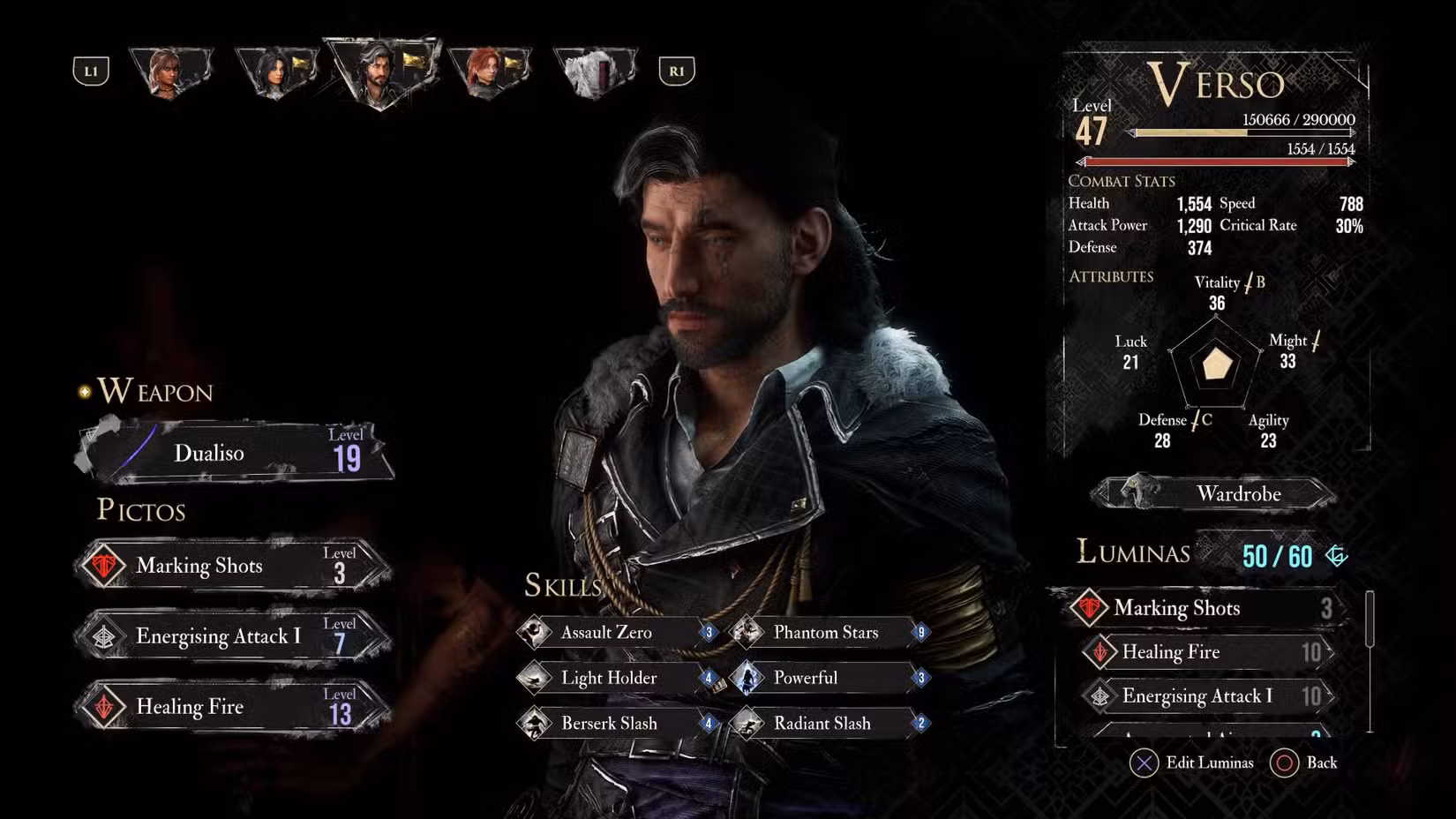 Verso's skills and Pictos in Expedition 33